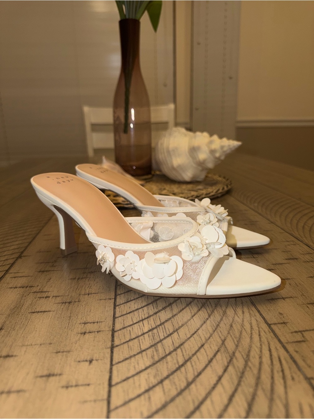 a new day White Floral Mesh Heel Mules